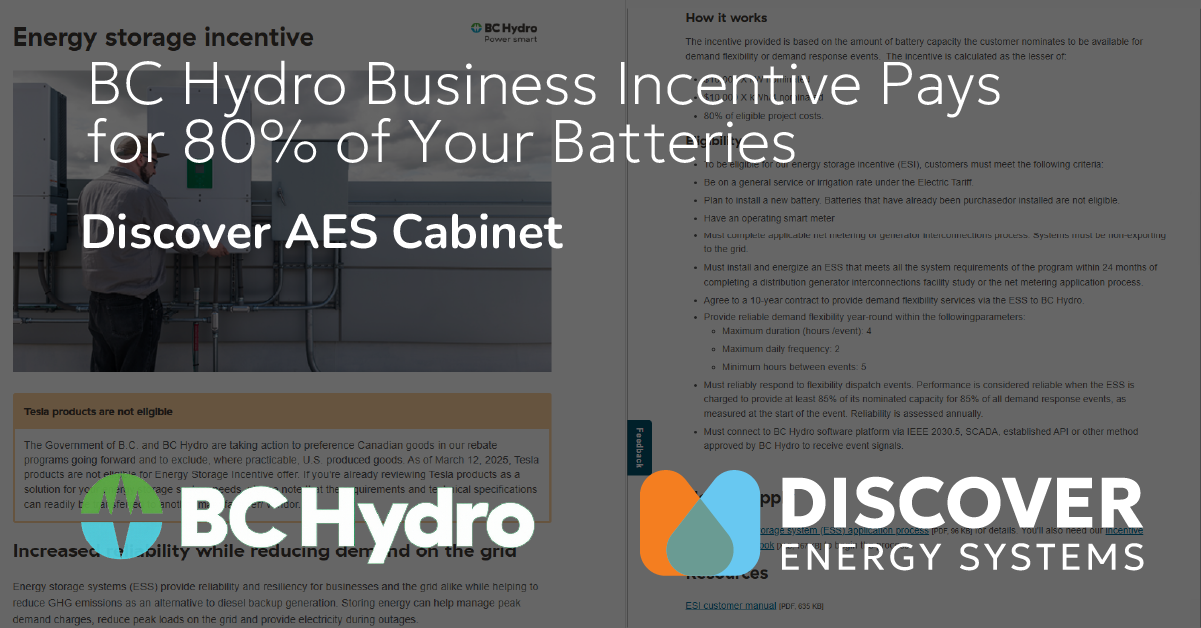 BC Hydro Business Incentive and Tax Credits Cover 85% of Cost of Battery Energy Storage